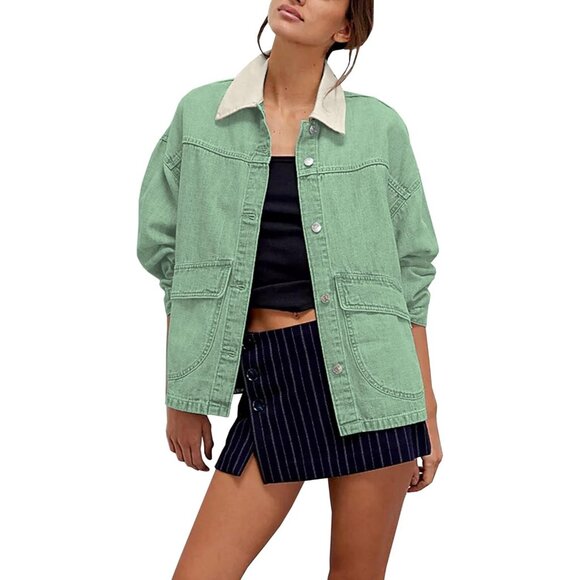 Women's Oversized Denim Jacket with Contrast Trim Long Sleeve Button Down Green